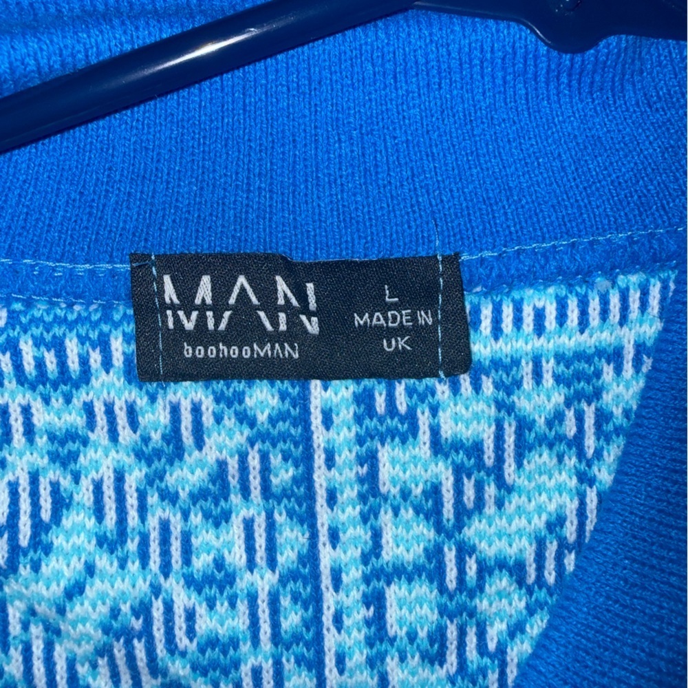 Men's Blue Patterned Oversized Knit Shirt - Picture 3 of 3